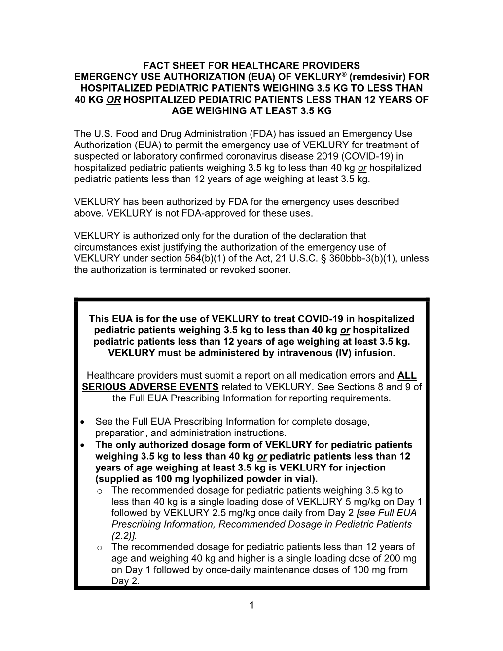 (EUA) of VEKLURY® (Remdesivir) for HOSPITALIZED PEDIATRIC