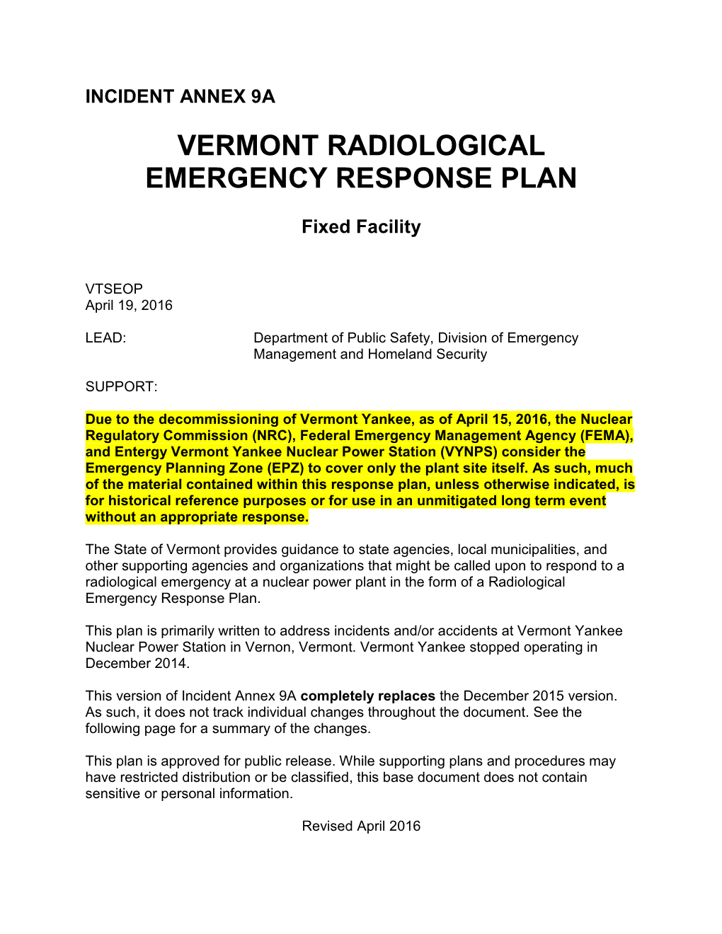 Vermont Radiological Emergency Response Plan