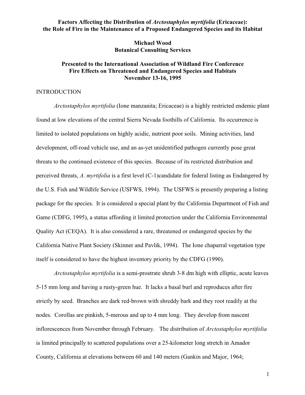 1 Factors Affecting the Distribution of Arctostaphylos Myrtifolia (Ericaceae