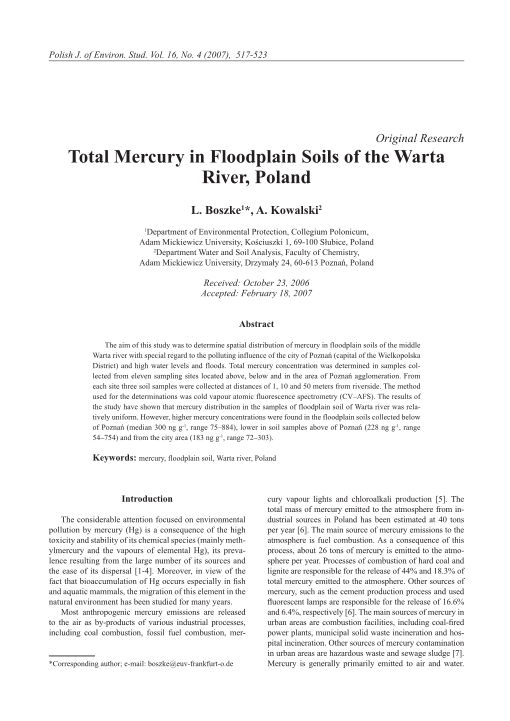 Total Mercury in Floodplain Soils of the Warta River, Poland