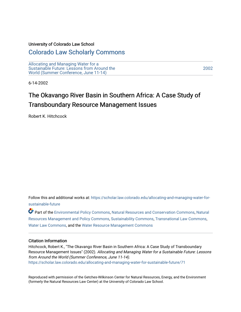 The Okavango River Basin in Southern Africa: a Case Study of Transboundary Resource Management Issues