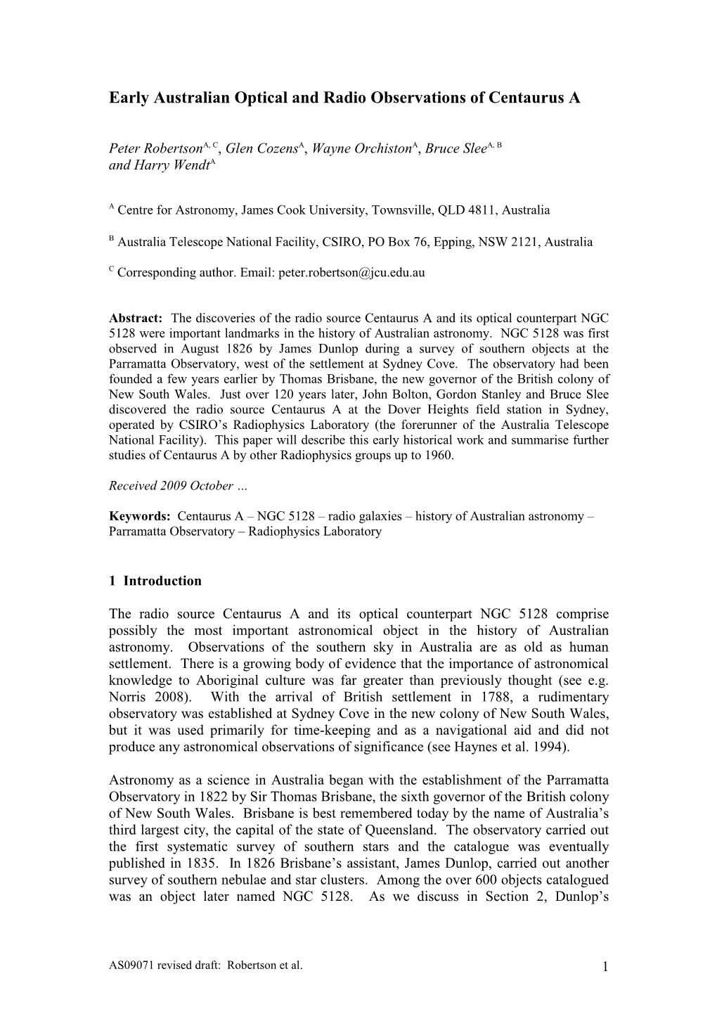 Early Australian Optical and Radio Observations of Centaurus A