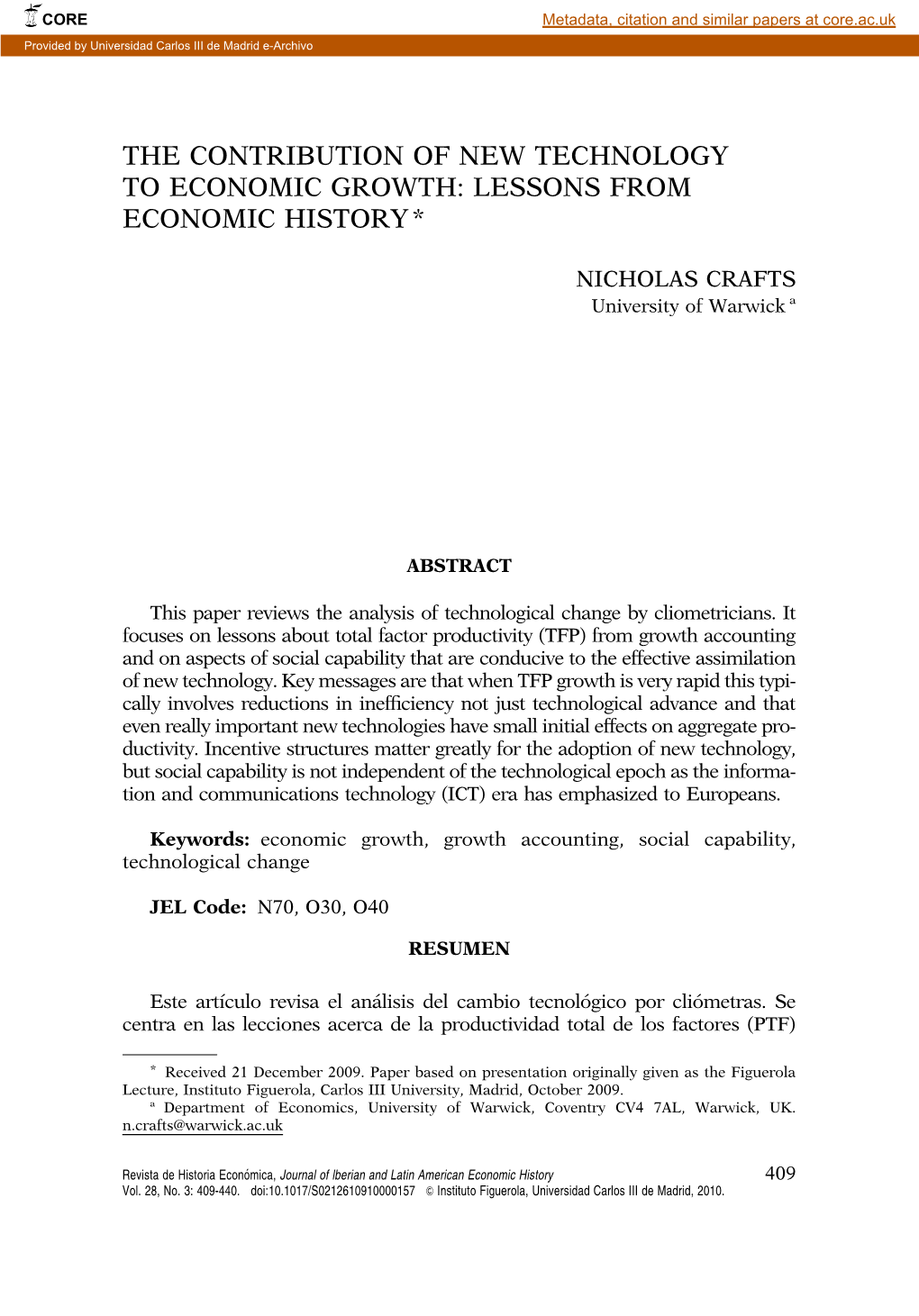 The Contribution of New Technology to Economic Growth: Lessons from Economic History*