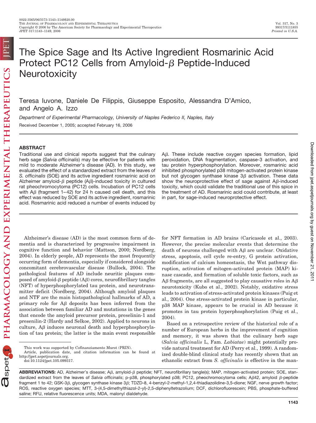 The Spice Sage and Its Active Ingredient Rosmarinic Acid Protect PC12 Cells from Amyloid-␤ Peptide-Induced Neurotoxicity