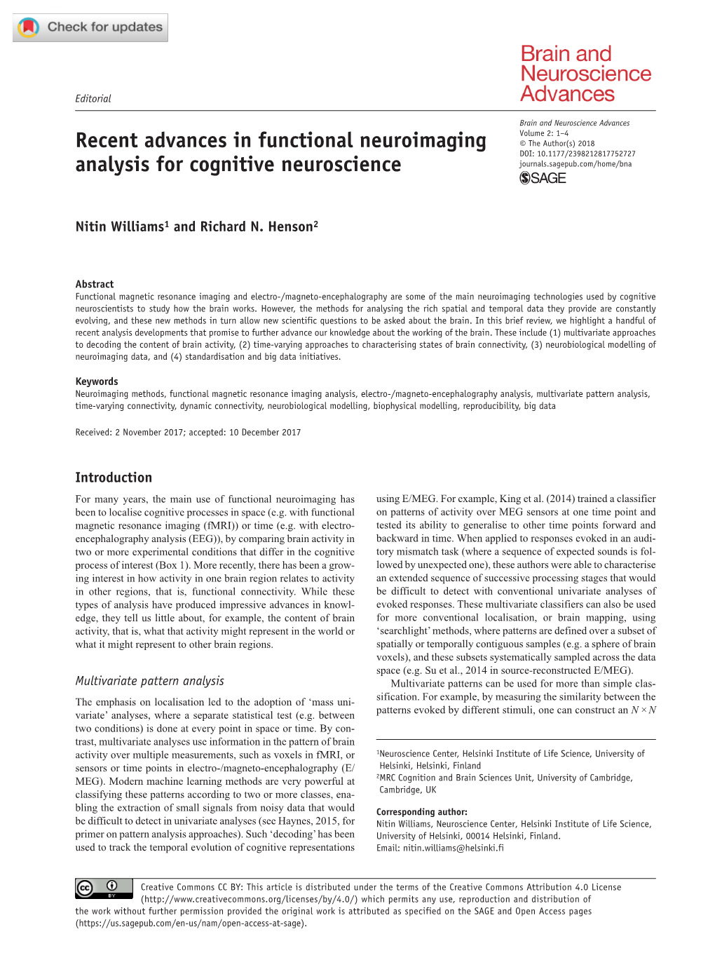 Recent Advances in Functional Neuroimaging Analysis for Cognitive Neuroscience