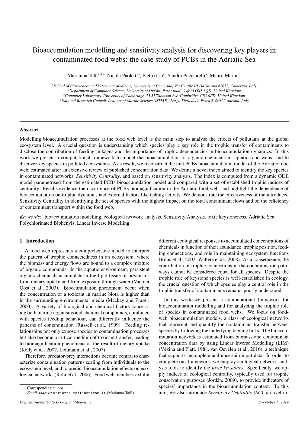 Bioaccumulation Modelling and Sensitivity Analysis for Discovering Key Players in Contaminated Food Webs: the Case Study of Pcbs in the Adriatic Sea