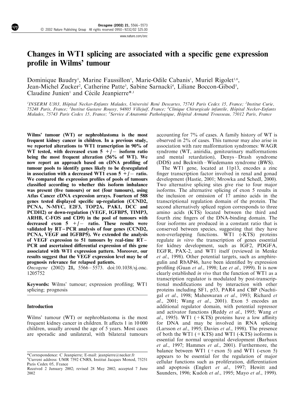 Changes in WT1 Splicing Are Associated with a Specific Gene