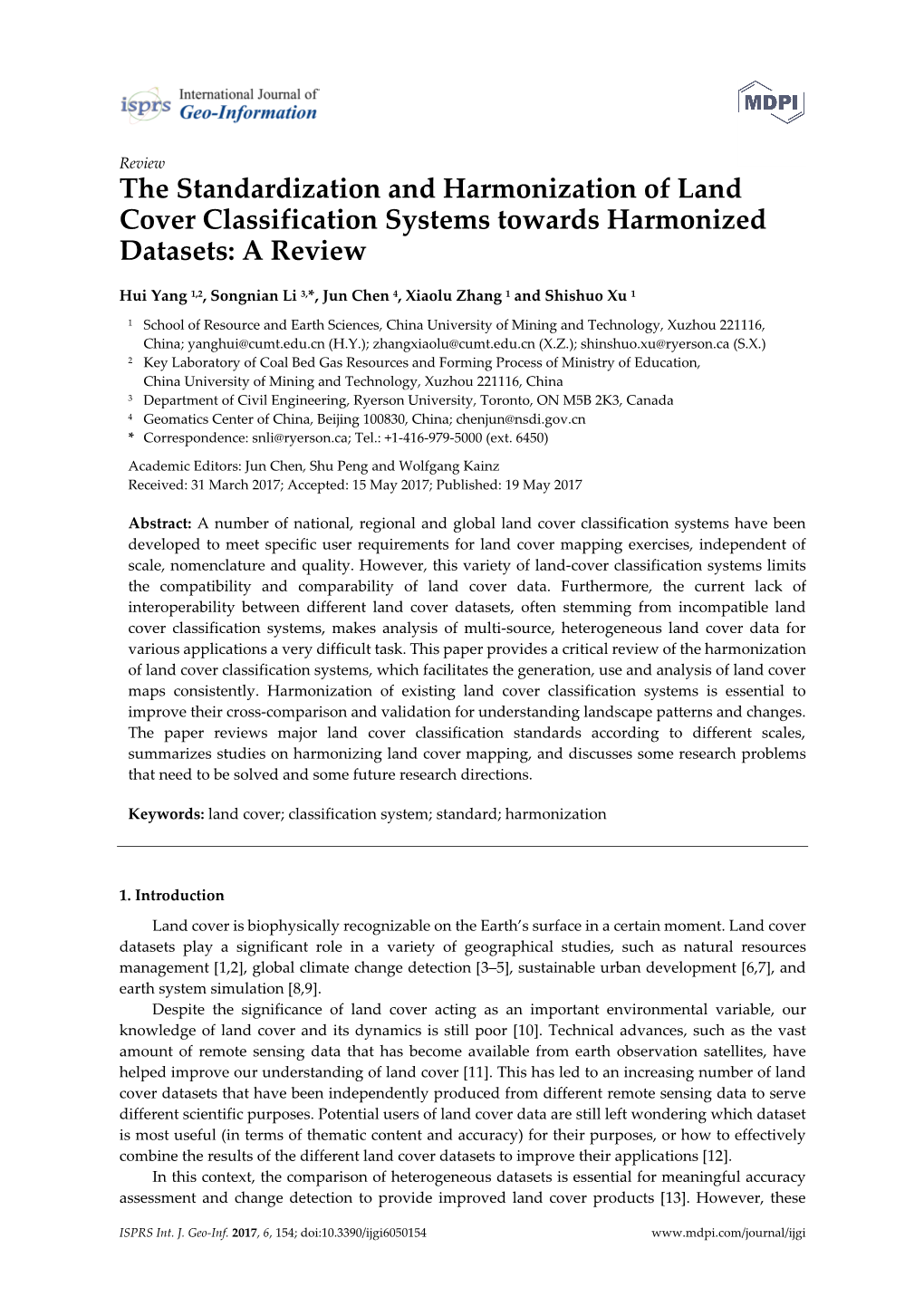 The Standardization and Harmonization of Land Cover Classification Systems Towards Harmonized Datasets: a Review