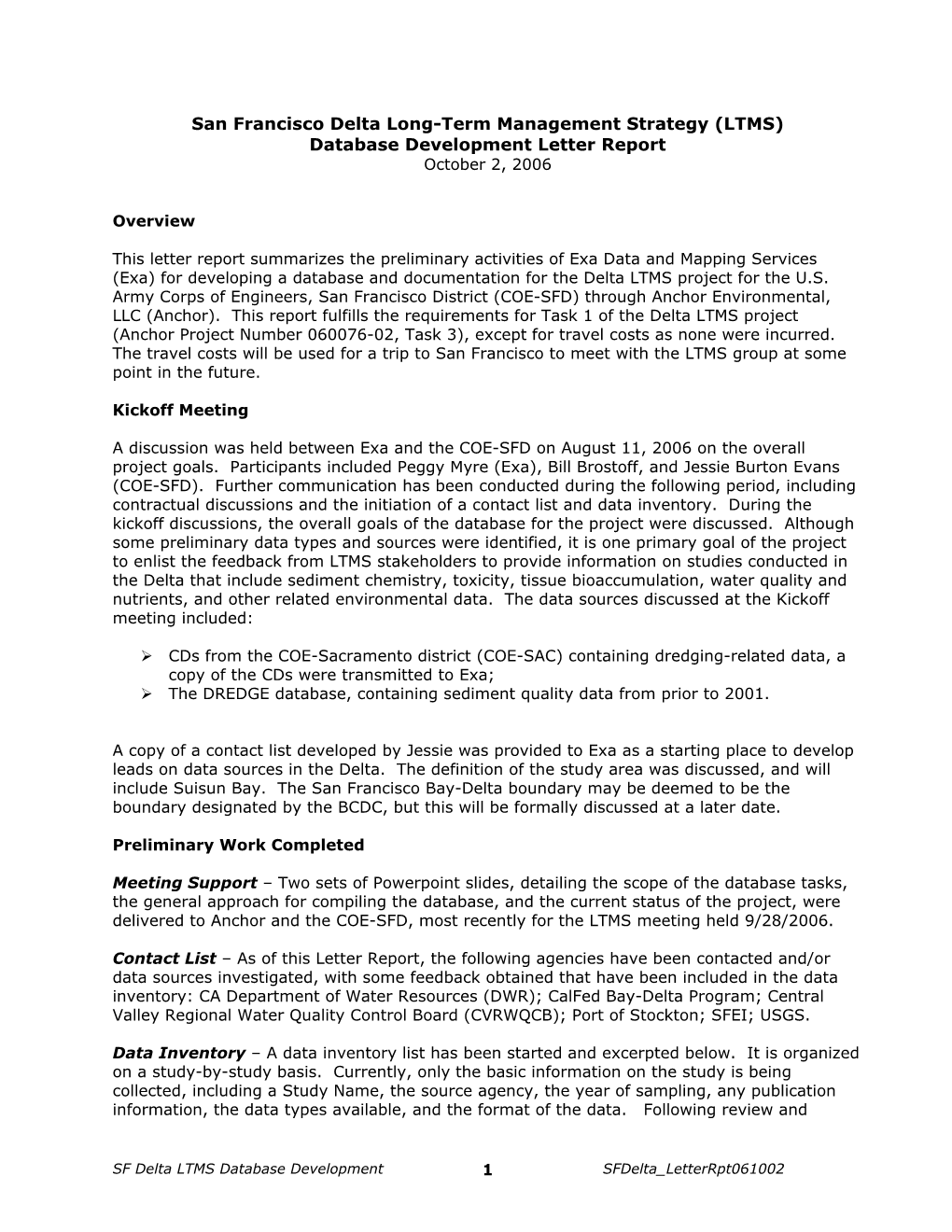 San Francisco Delta Long-Term Management Strategy (LTMS) Database Development Letter Report October 2, 2006
