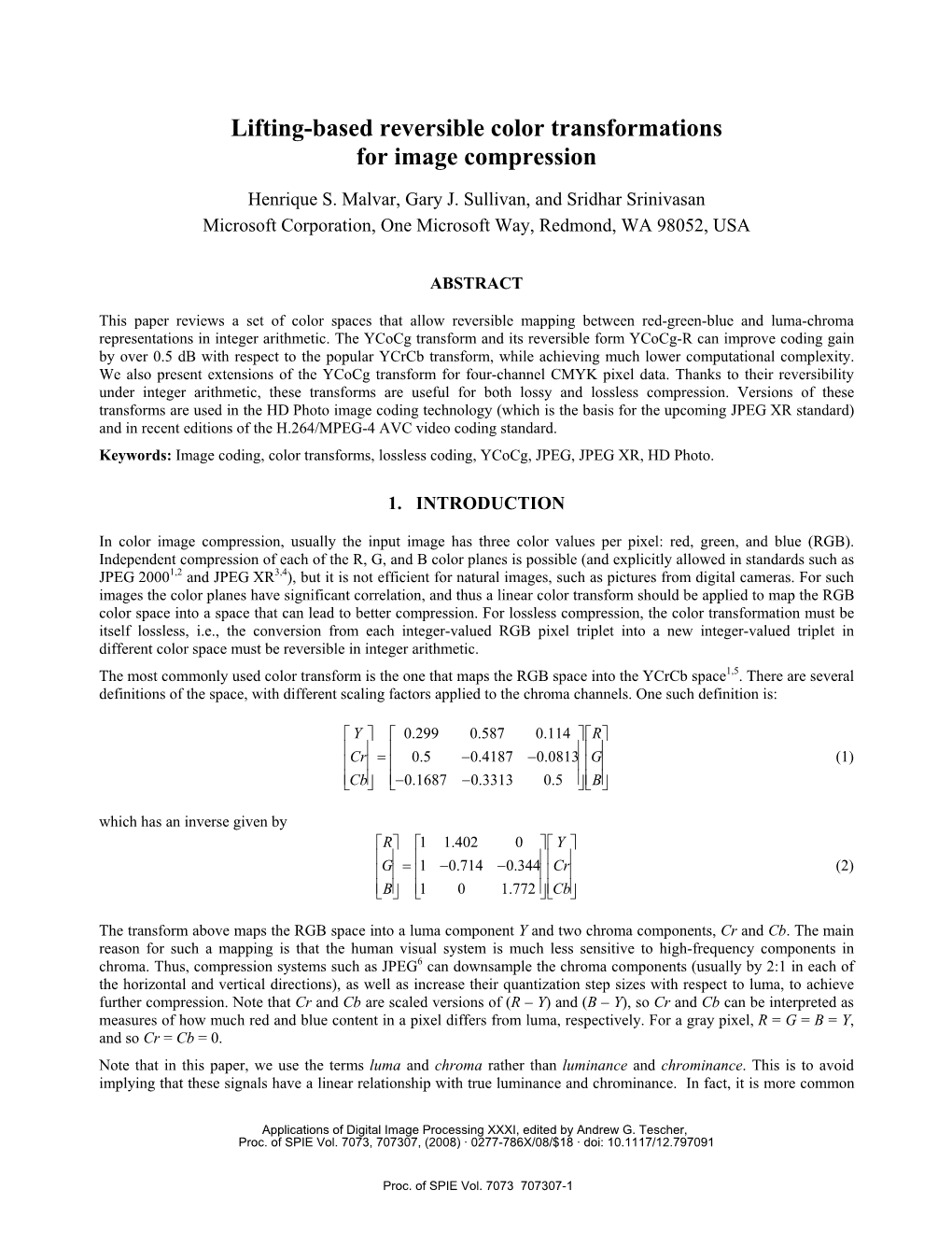 Lifting-Based Reversible Color Transformations for Image Compression