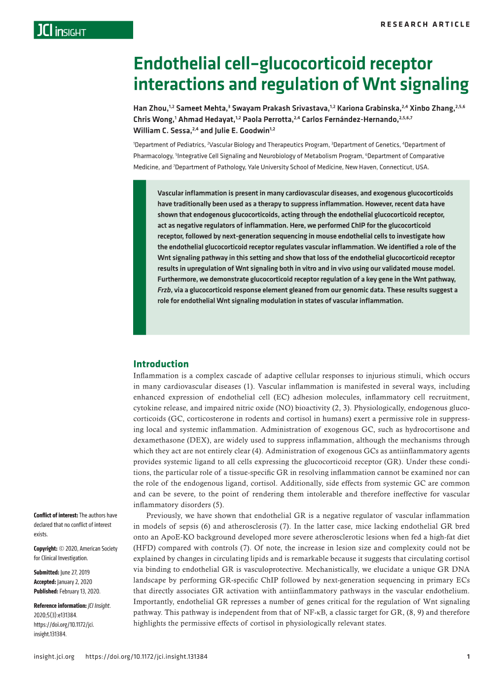 Endothelial Cell–Glucocorticoid Receptor Interactions and Regulation of Wnt Signaling