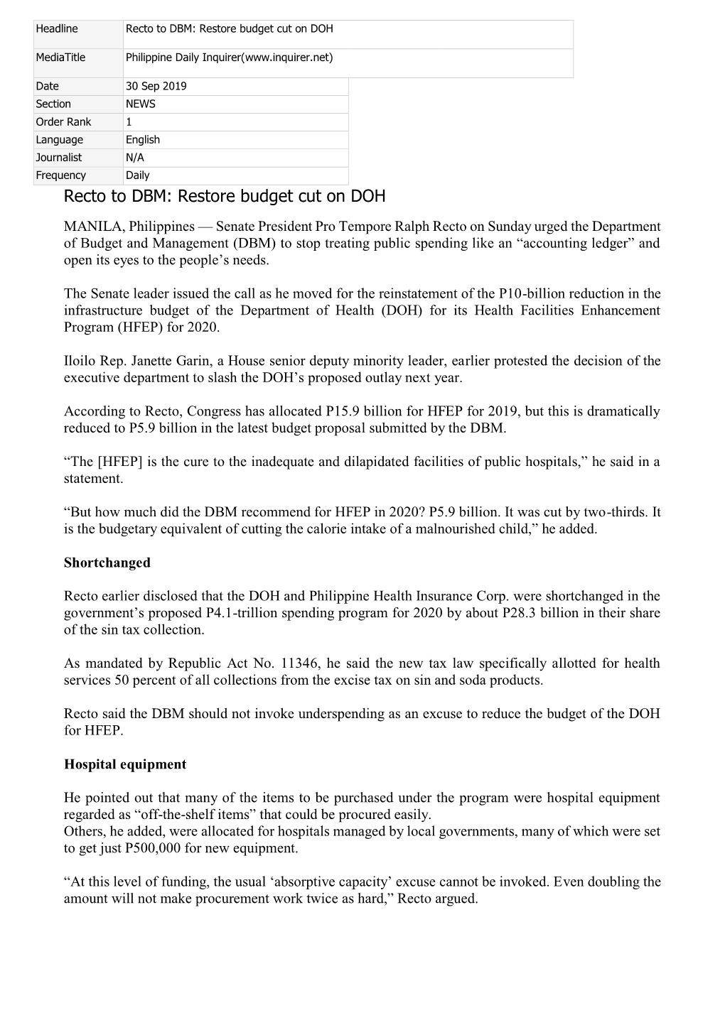 Recto to DBM: Restore Budget Cut on DOH