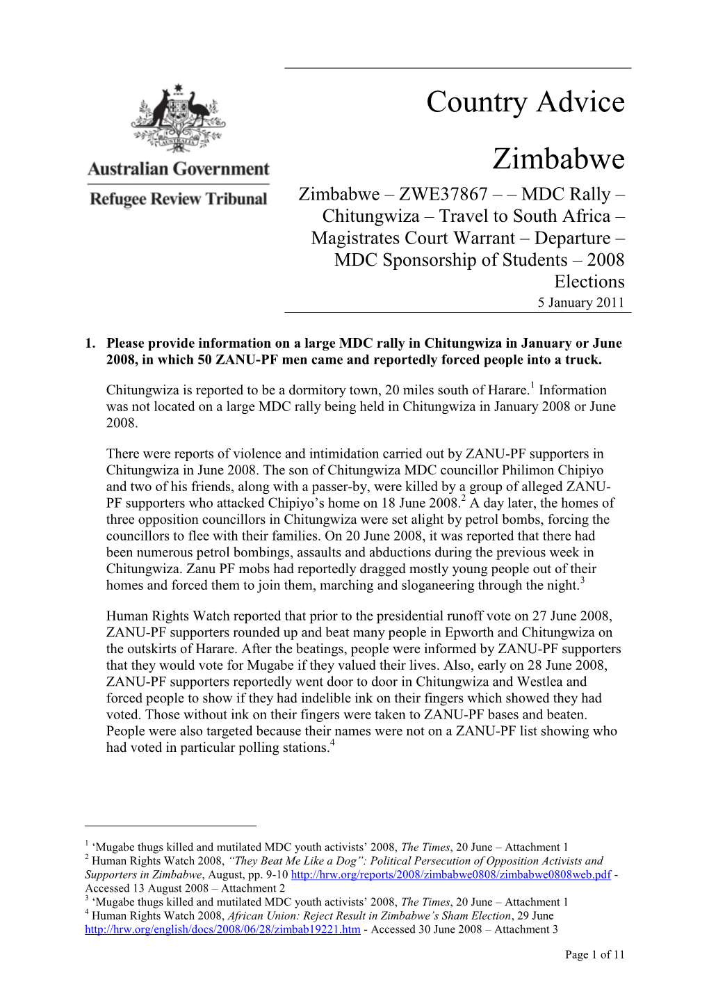 Country Advice Zimbabwe Zimbabwe – ZWE37867 – – MDC Rally –