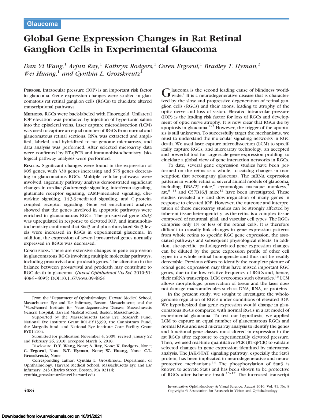 Global Gene Expression Changes in Rat Retinal Ganglion Cells in Experimental Glaucoma