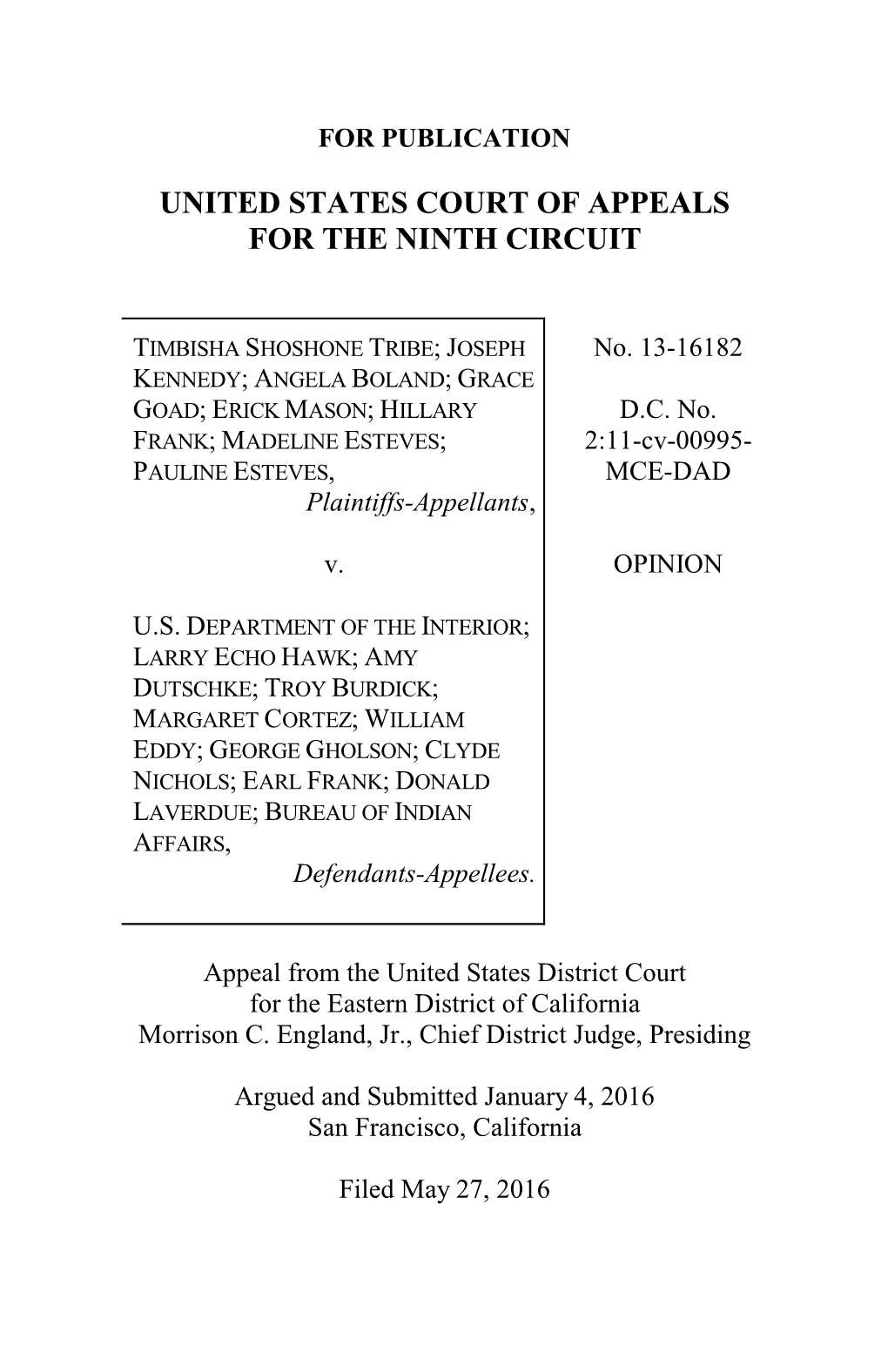 Timbisha Shoshone Tribe V. US Department of The