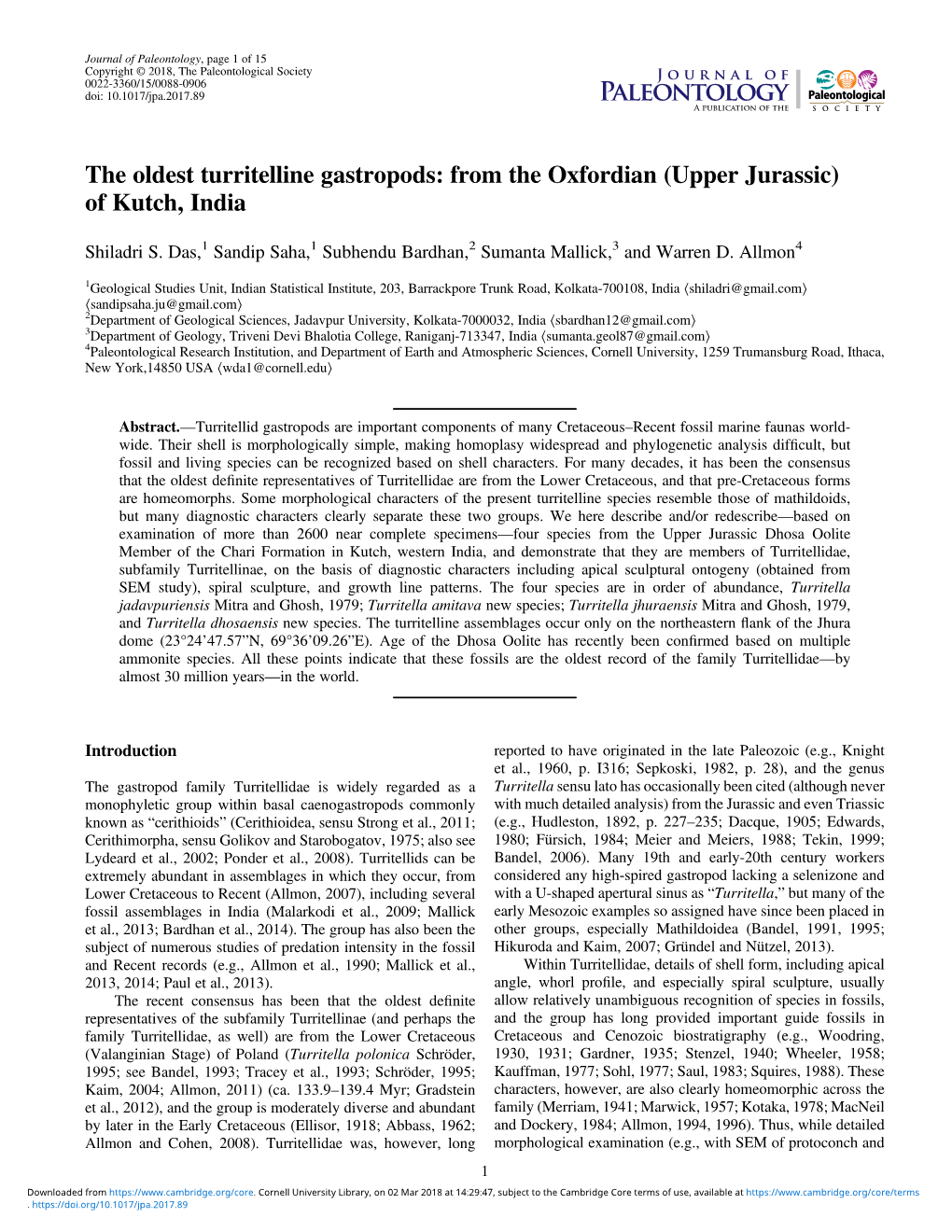 The Oldest Turritelline Gastropods: from the Oxfordian (Upper Jurassic) of Kutch, India