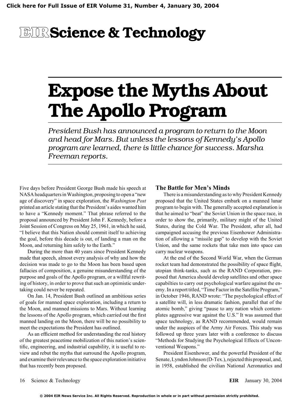 Expose the Myths About the Apollo Program President Bush Has Announced a Program to Return to the Moon and Head for Mars