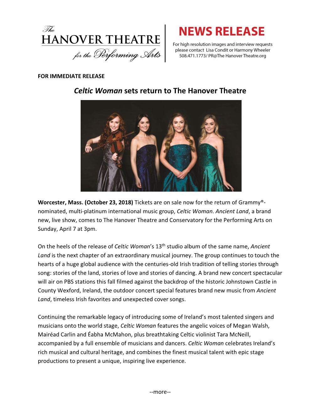 Celtic Woman Sets Return to the Hanover Theatre