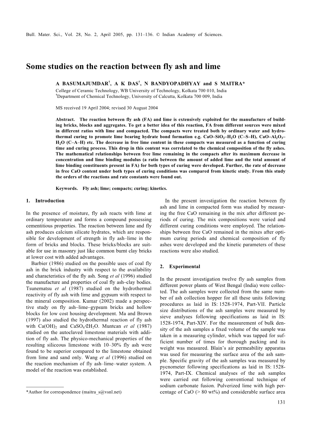 Some Studies on the Reaction Between Fly Ash and Lime