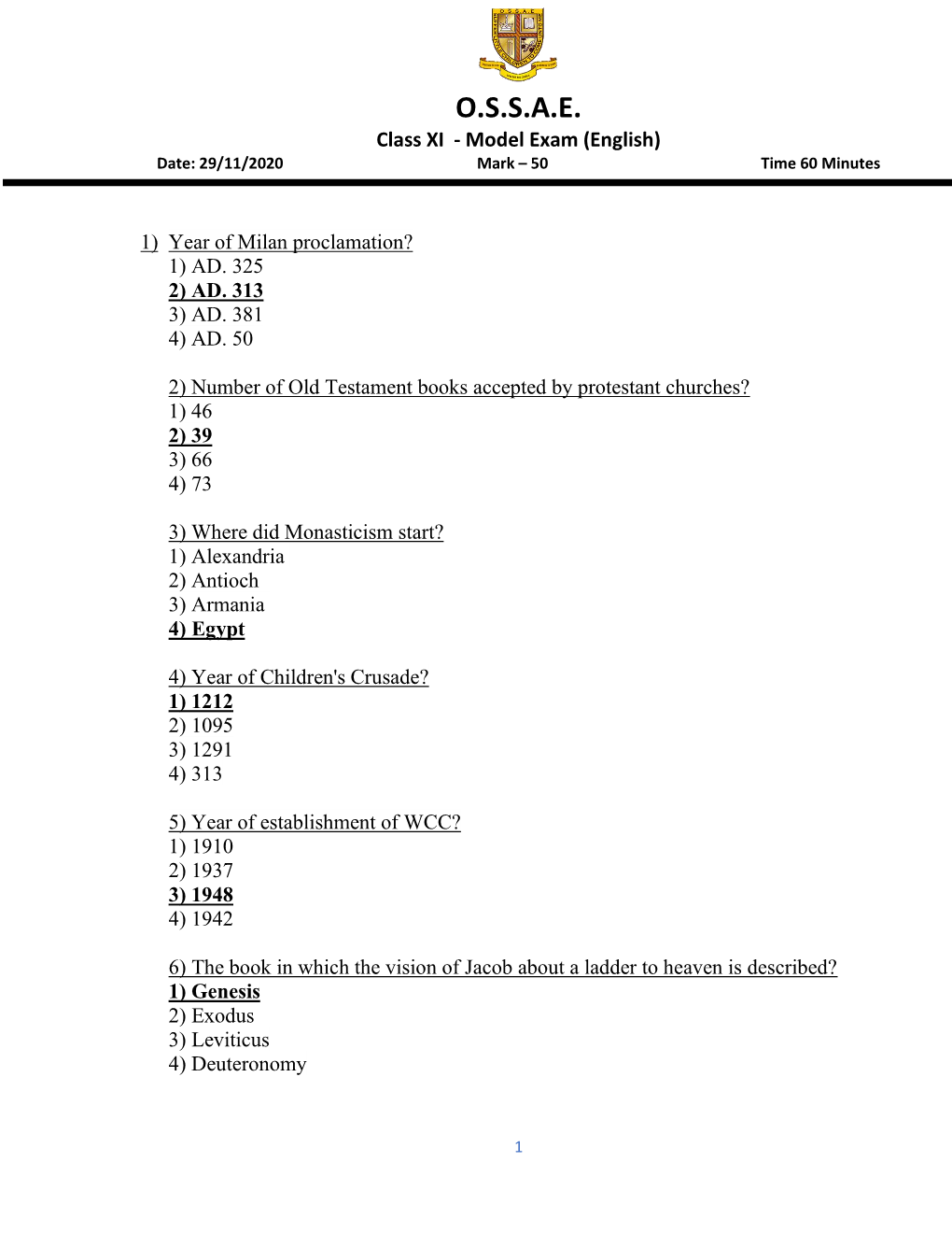 O.S.S.A.E. Class XI - Model Exam (English) Date: 29/11/2020 Mark – 50 Time 60 Minutes