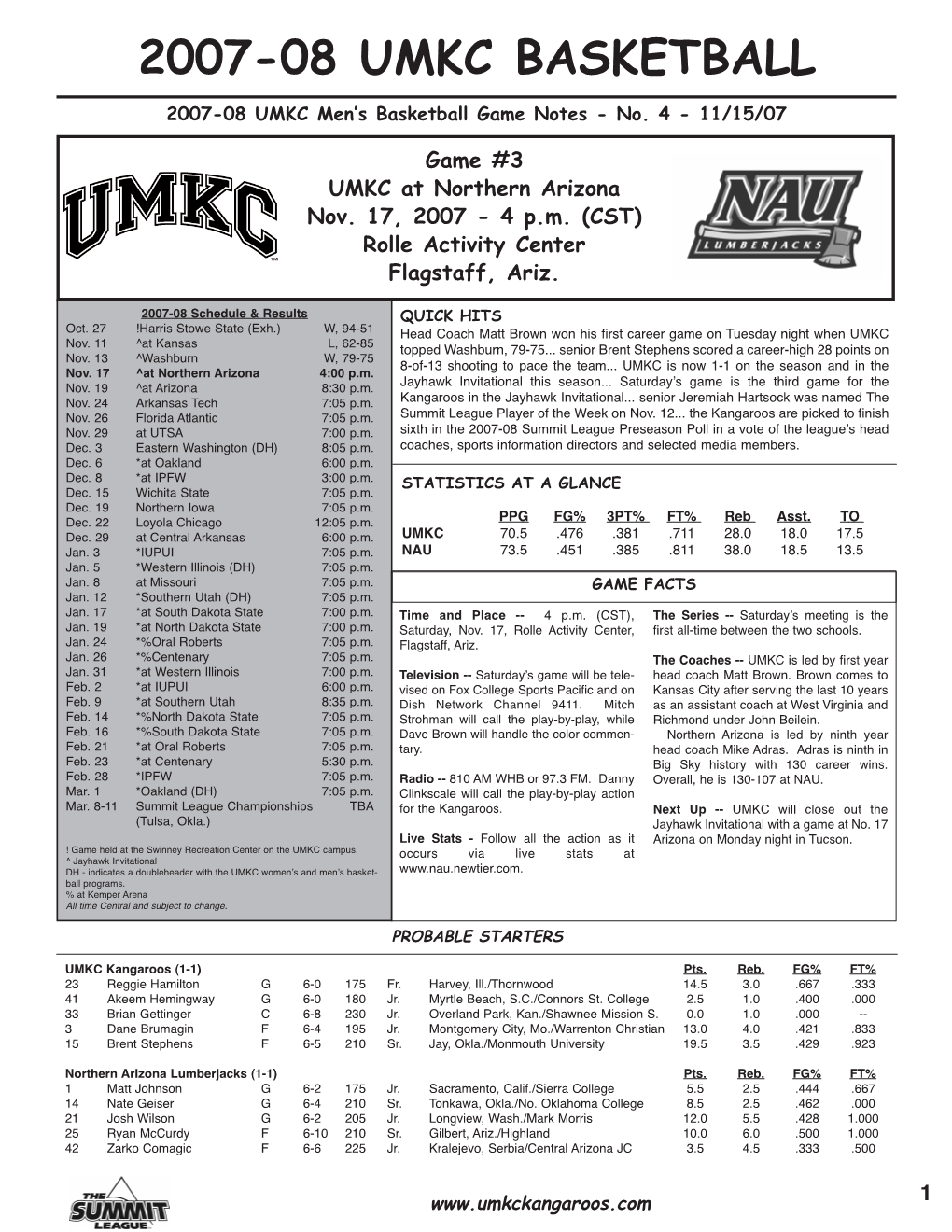 2007-08 UMKC BASKETBALL 2007-08 UMKC Men’S Basketball Game Notes - No