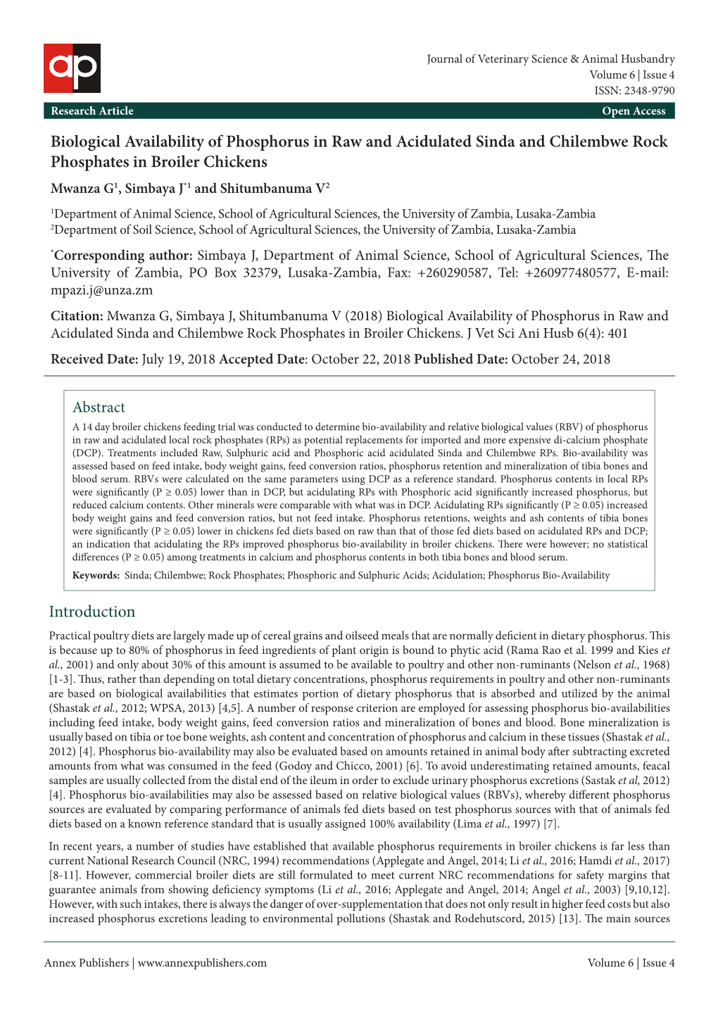 Biological Availability of Phosphorus in Raw and Acidulated Sinda And