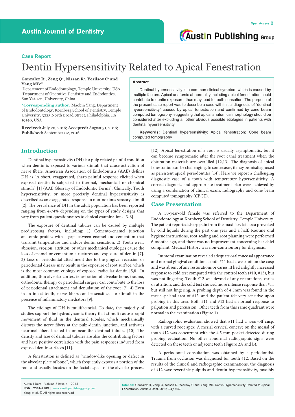 Dentin Hypersensitivity Related to Apical Fenestration