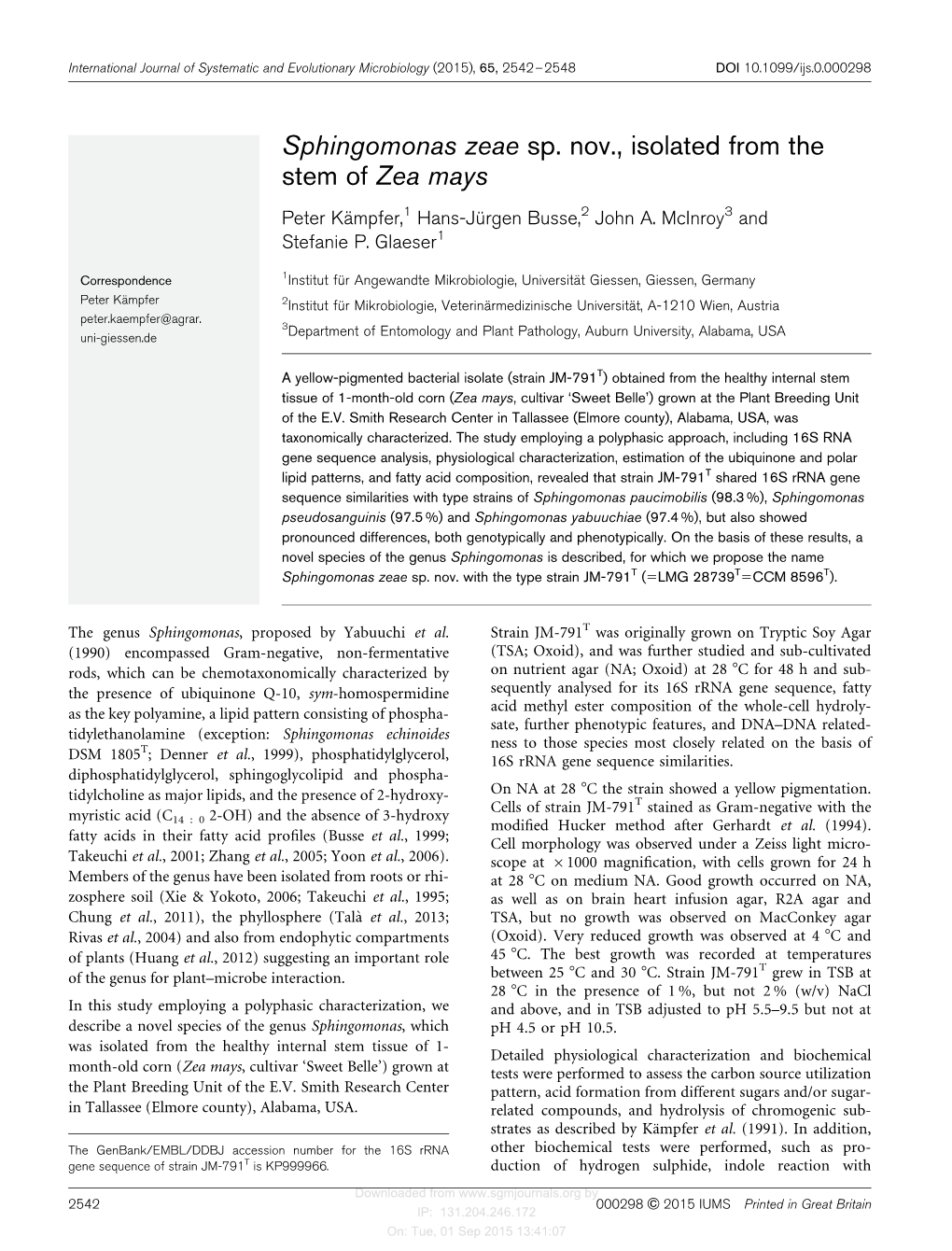 Sphingomonas Zeae Sp. Nov., Isolated from the Stem of Zea Mays