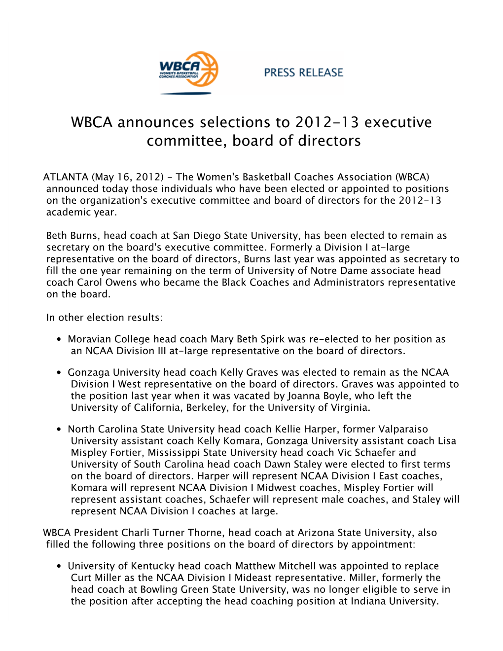 WBCA Announces Selections to 2012-13 Executive Committee, Board of Directors