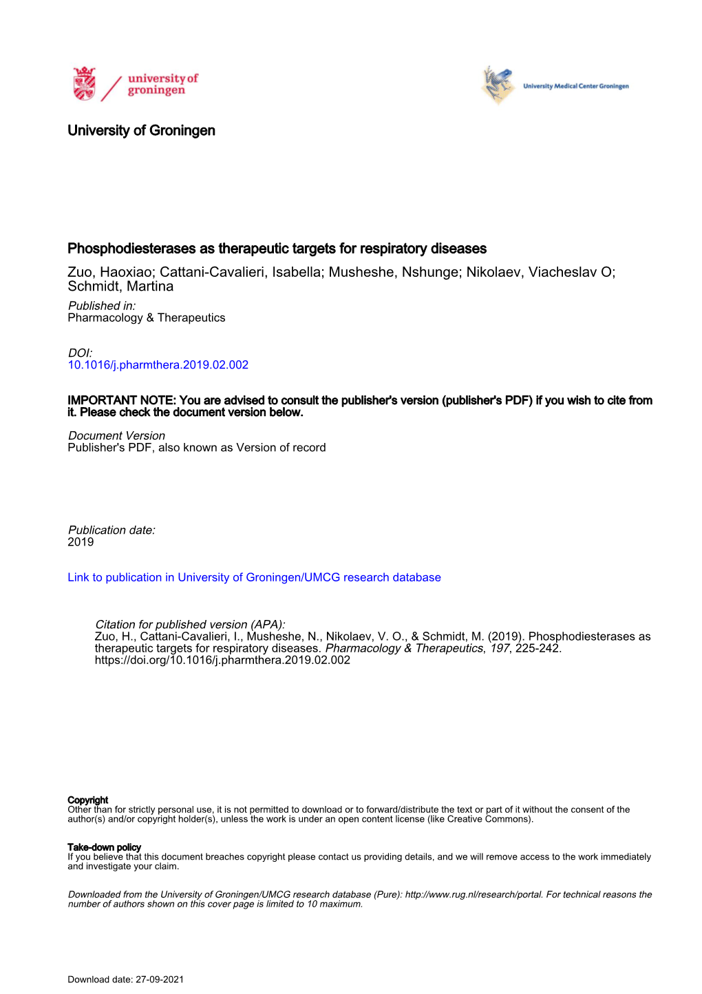 Phosphodiesterases As Therapeutic Targets for Respiratory Diseases