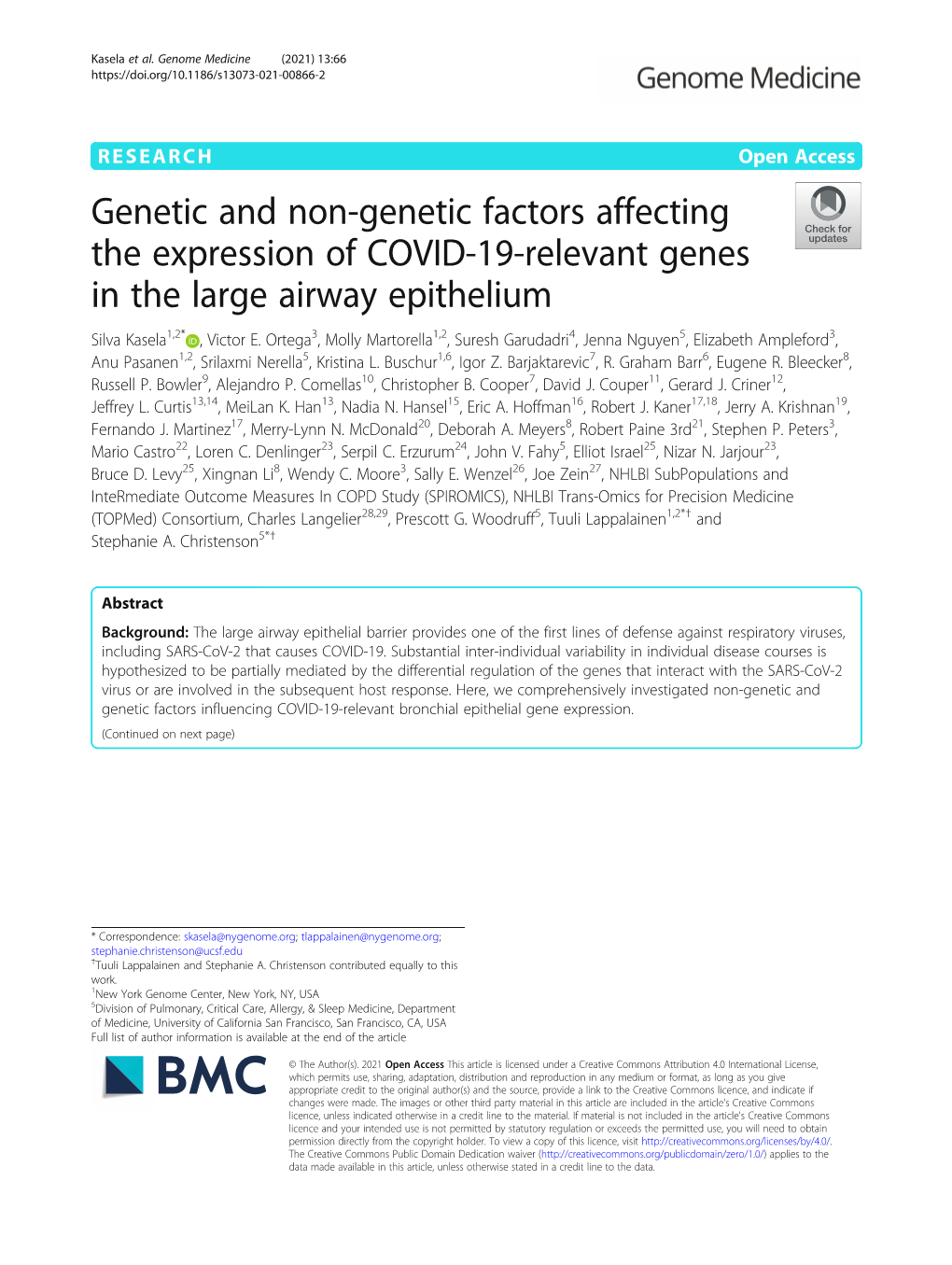 Genetic and Non-Genetic Factors Affecting the Expression of COVID-19-Relevant Genes in the Large Airway Epithelium Silva Kasela1,2* , Victor E