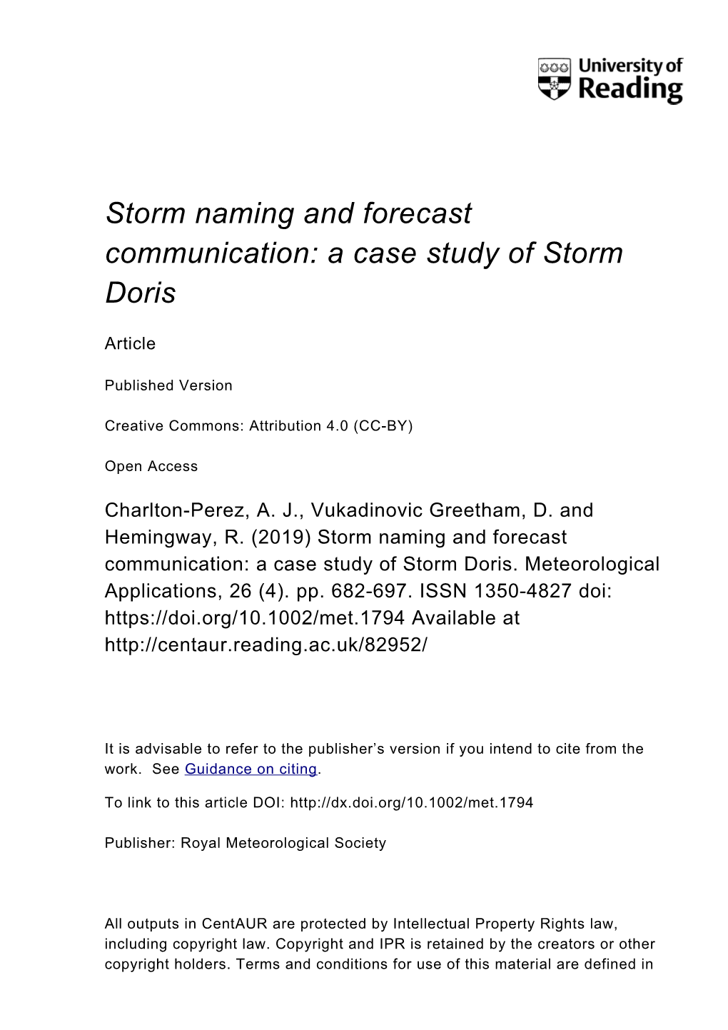 Storm Naming and Forecast Communication: a Case Study of Storm Doris