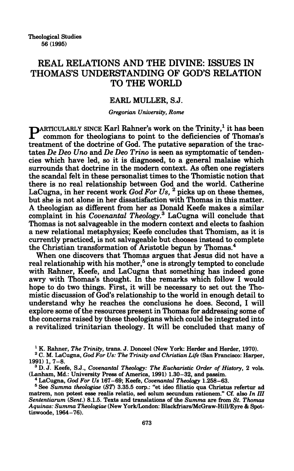 Real Relations and the Divine: Issues in Thomas's Understanding of God's Relation to the World