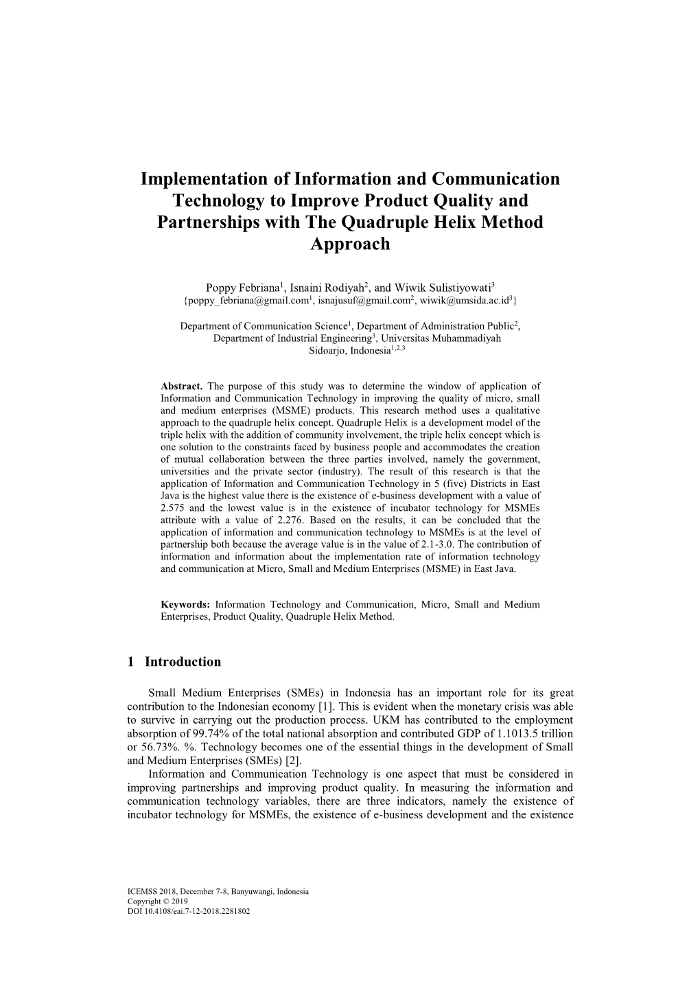 Implementation of Information and Communication Technology to Improve Product Quality and Partnerships with the Quadruple Helix Method Approach