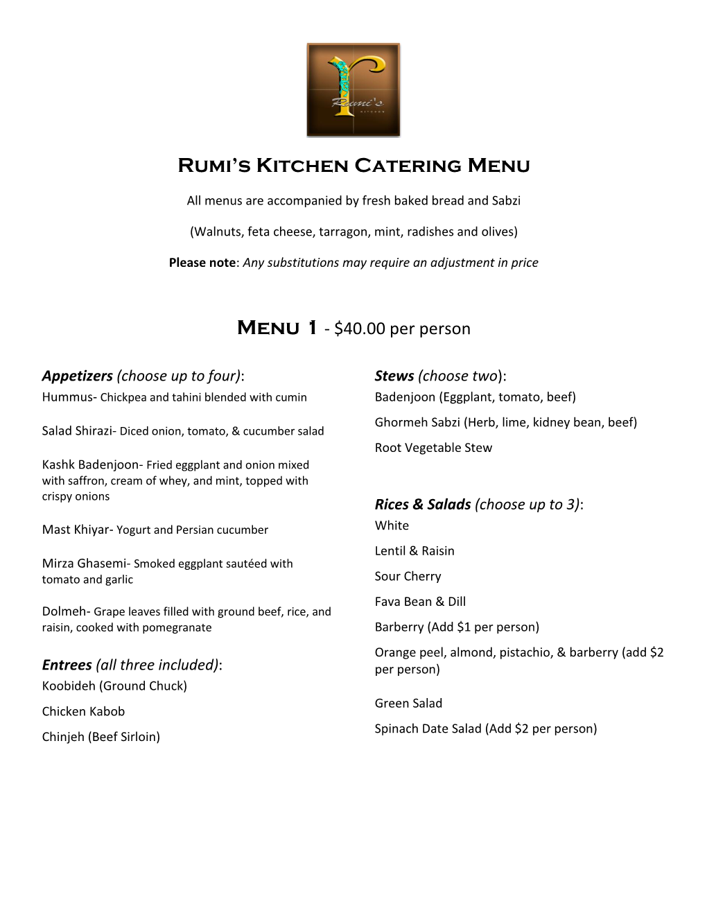 Rumi's Kitchen Catering Menu