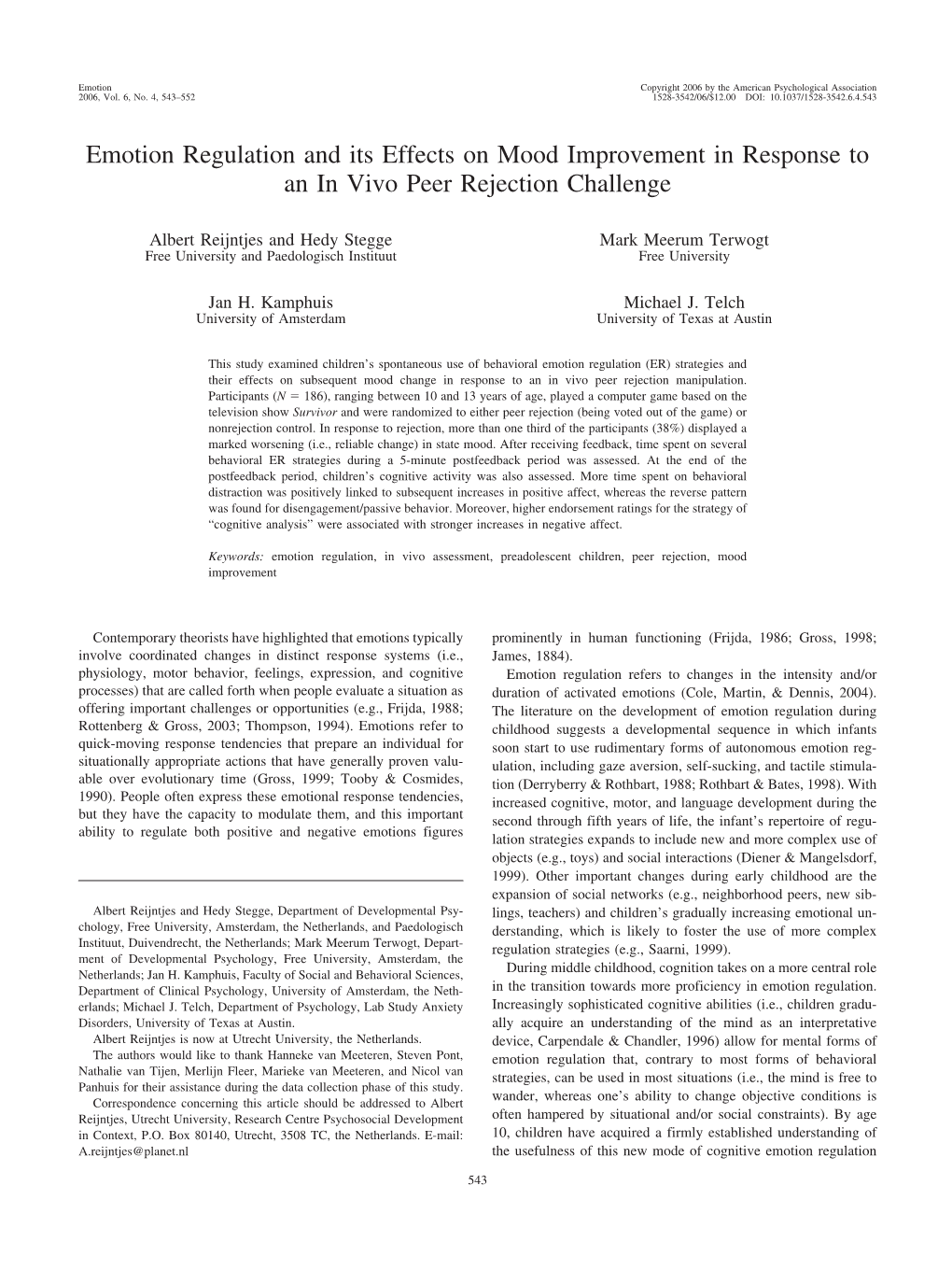 Emotion Regulation and Its Effects on Mood Improvement in Response to an in Vivo Peer Rejection Challenge