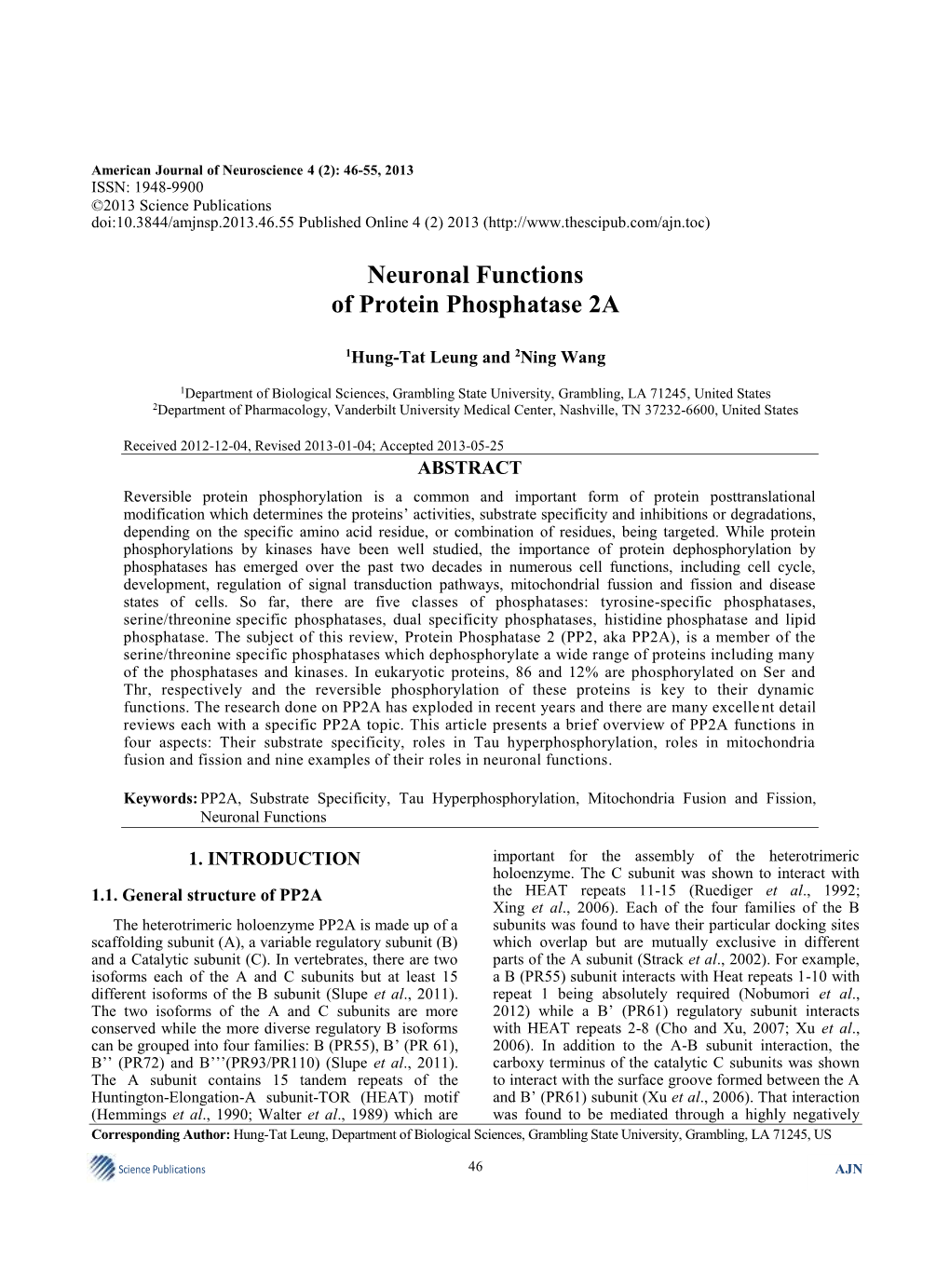 Neuronal Functions of Protein Phosphatase 2A