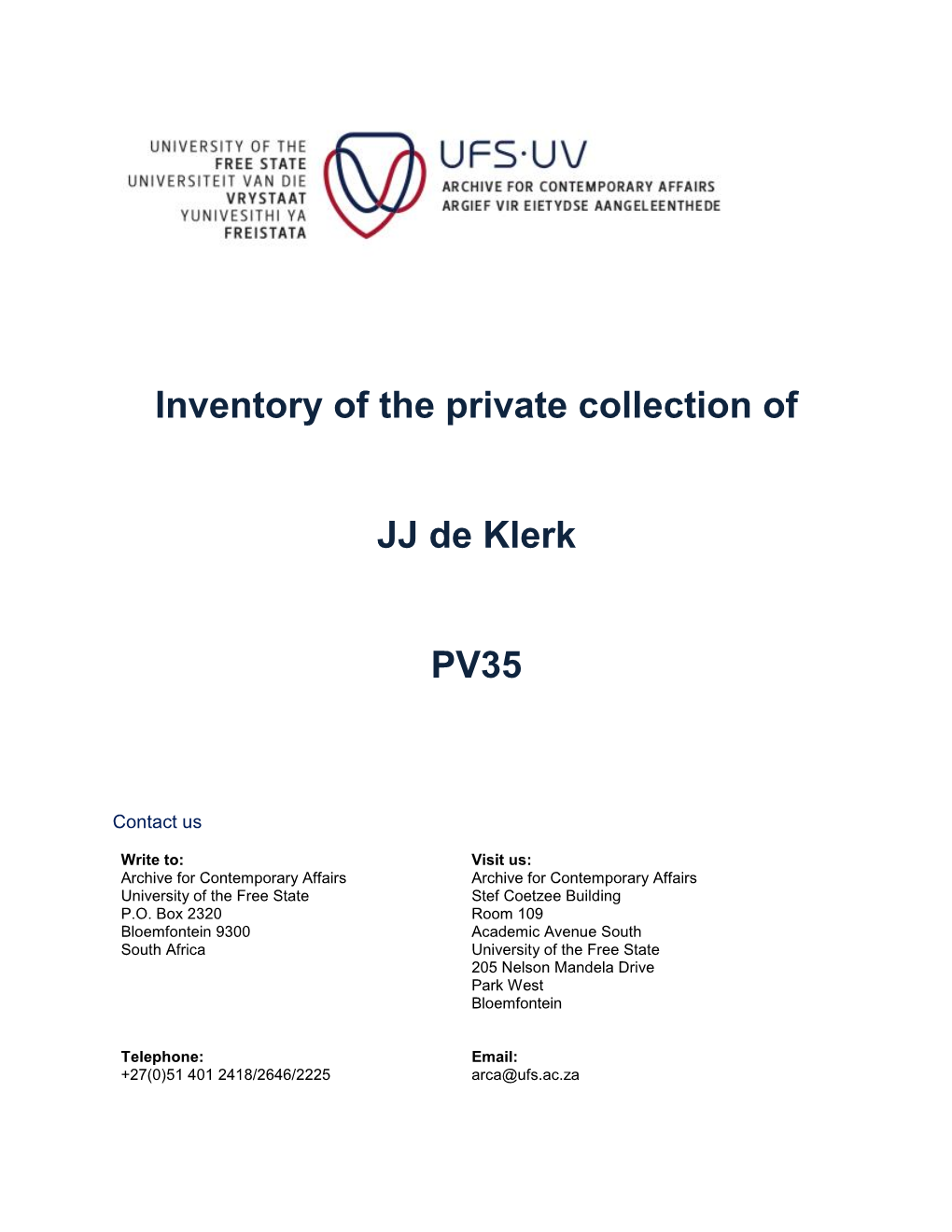 Inventory of the Private Collection of JJ De Klerk PV35