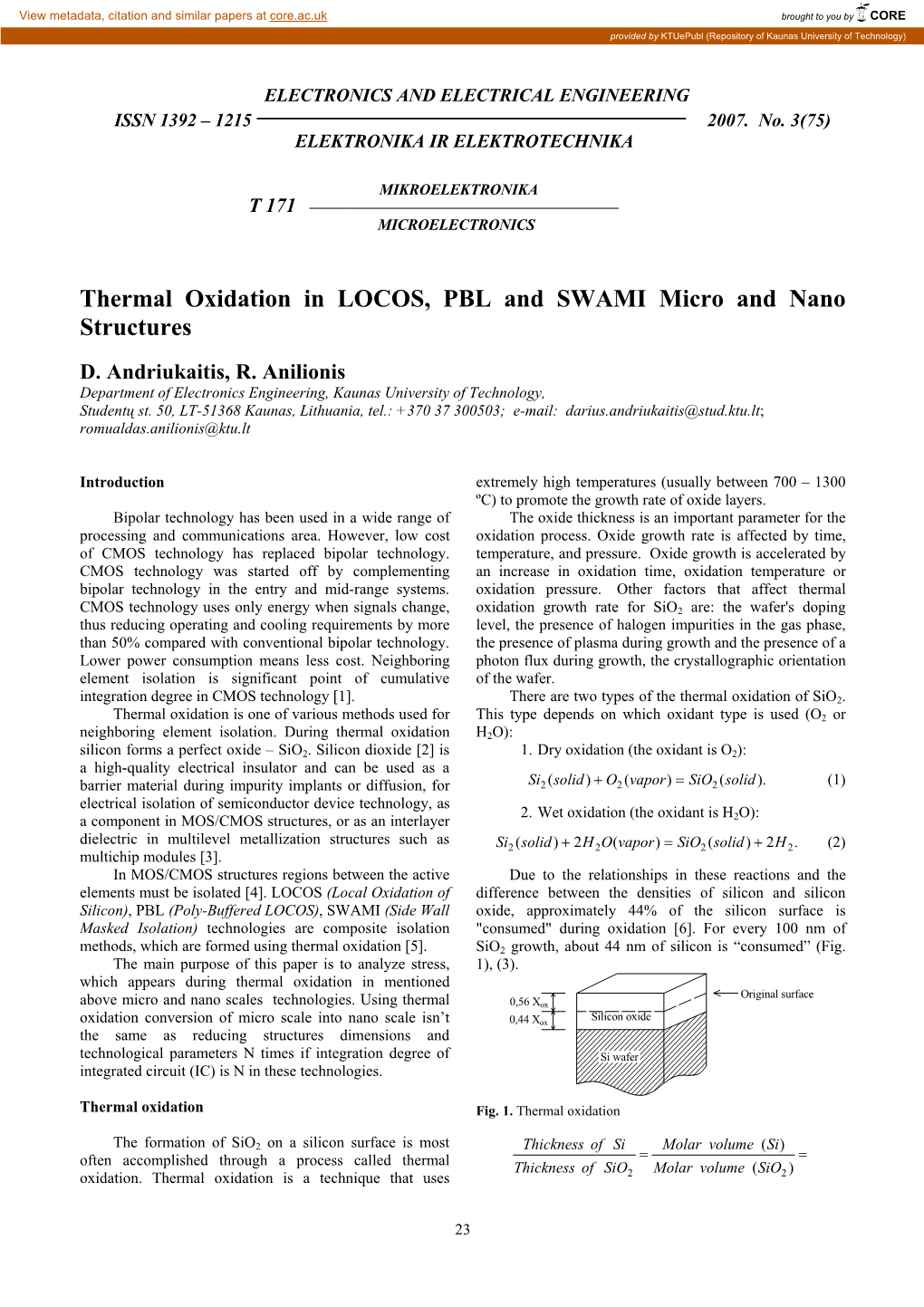 Thermal Oxidation in LOCOS, PBL and SWAMI Micro and Nano Structures