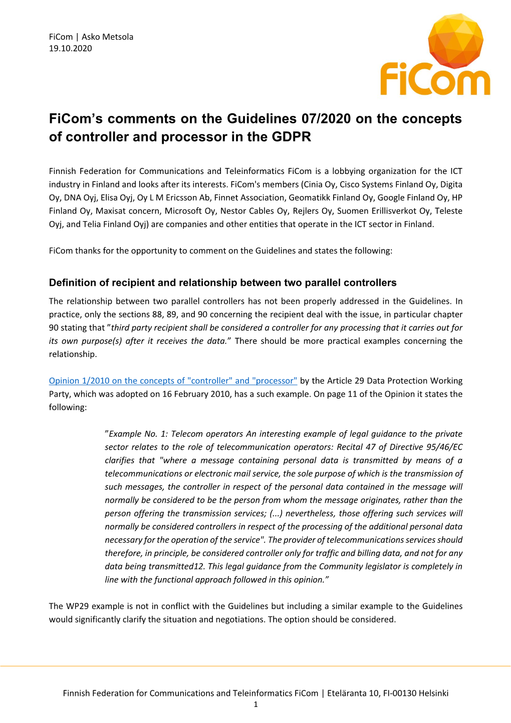 Ficom's Comments on the Guidelines 07/2020 on the Concepts Of