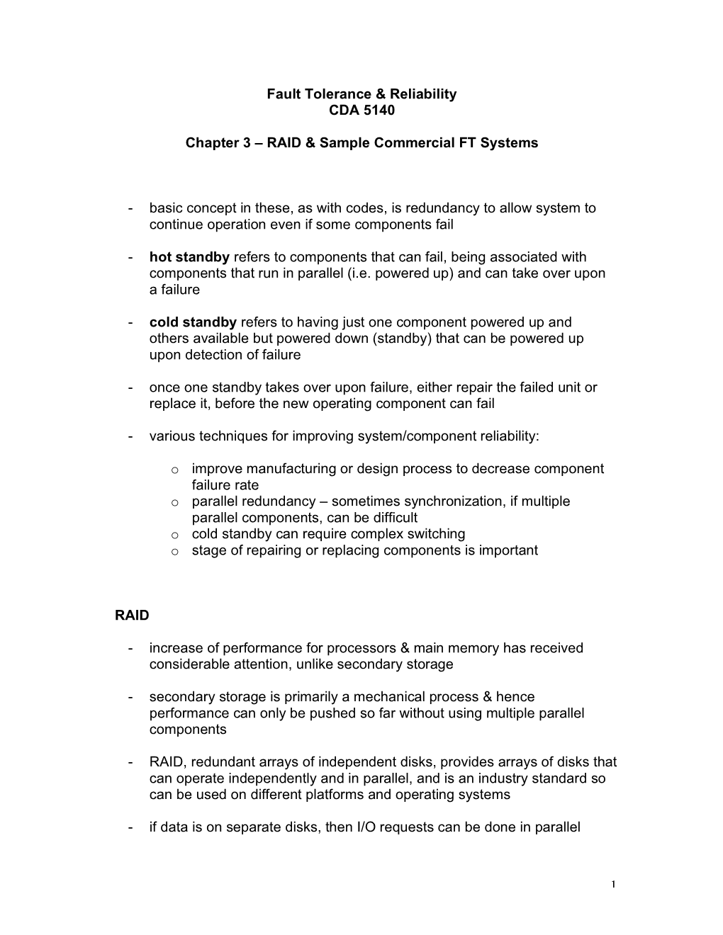 1 Fault Tolerance & Reliability CDA 5140 Chapter 3 – RAID & Sample