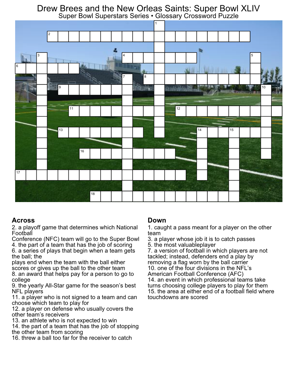 Drew Brees and the New Orleas Saints: Super Bowl XLIV Super Bowl Superstars Series ¥ Glossary Crossword Puzzle 1