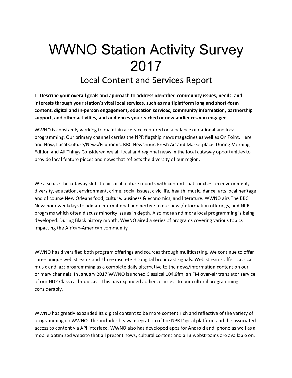 WWNO Station Activity Survey 2017 Local Content and Services Report