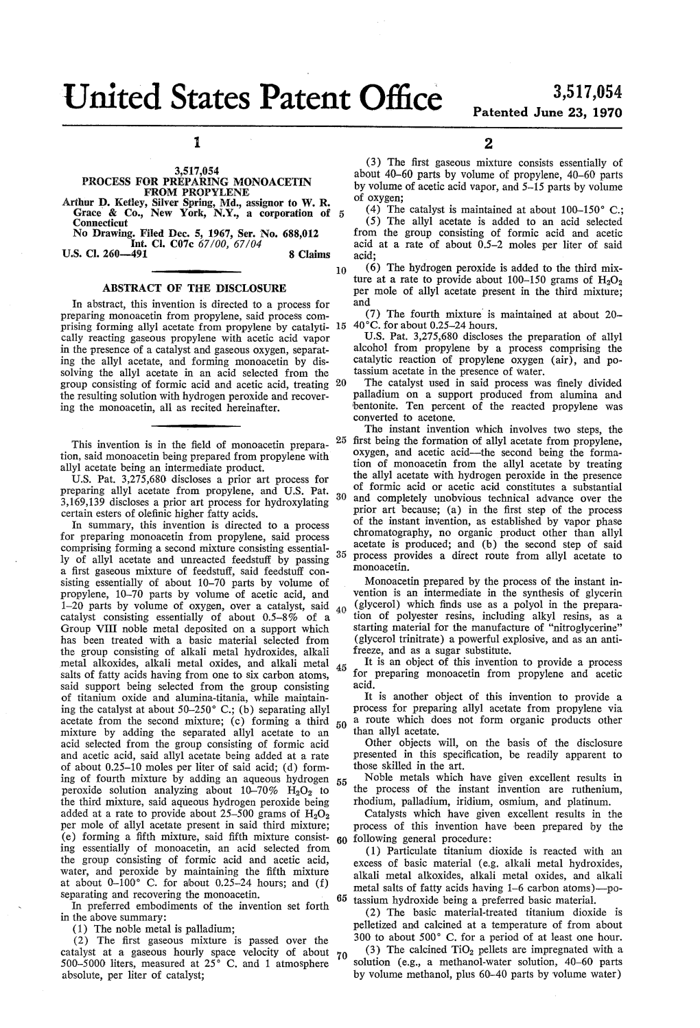 United States Patent Office Patented June 23, 1970 2 (3) the First Gaseous Mixture Consists Essentially of 3,517,054 PROCESS for PREPARNG