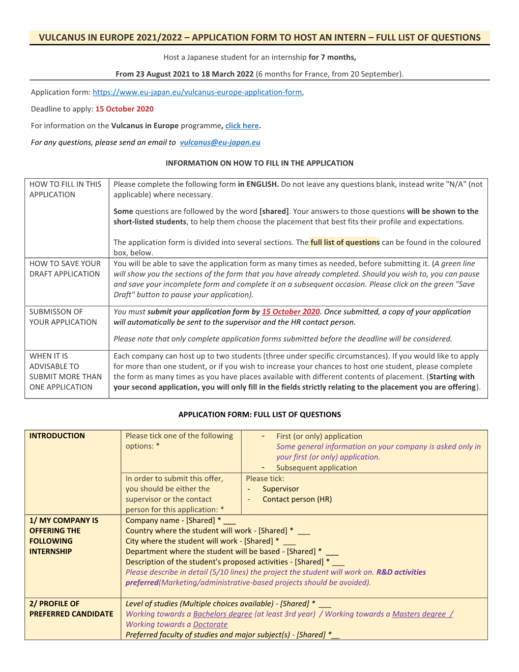 Vulcanus in Europe 2021/2022 – Application Form to Host an Intern – Full List of Questions