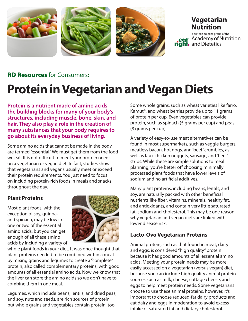 RD Resources for Consumers: Protein in Vegetarian and Vegan Diets