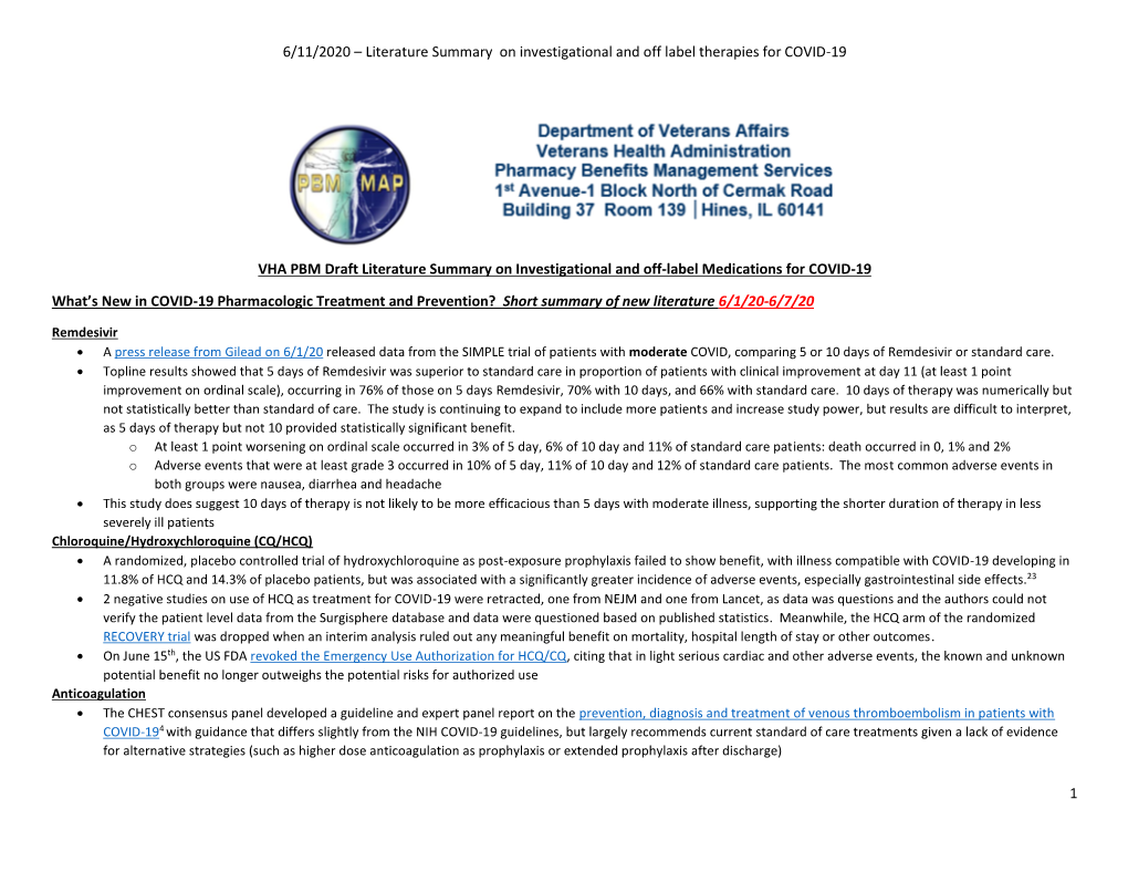 6/11/2020 – Literature Summary on Investigational and Off Label Therapies for COVID-19 1 VHA PBM Draft Literature Summary On