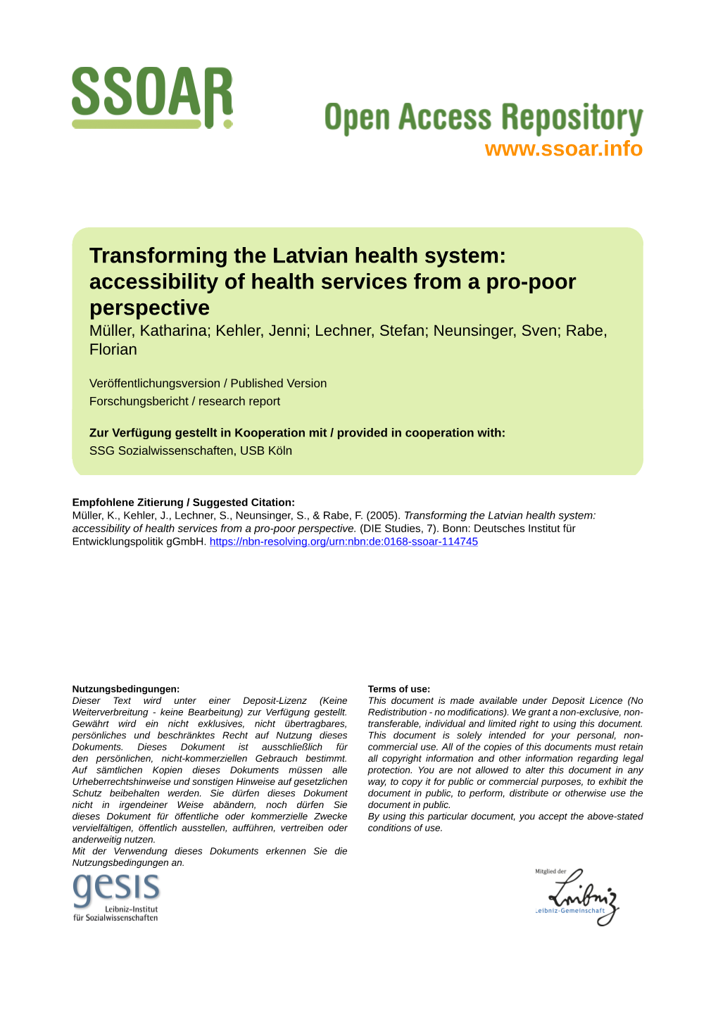 Accessibility of Health Services from a Pro-Poor Perspective Müller, Katharina; Kehler, Jenni; Lechner, Stefan; Neunsinger, Sven; Rabe, Florian