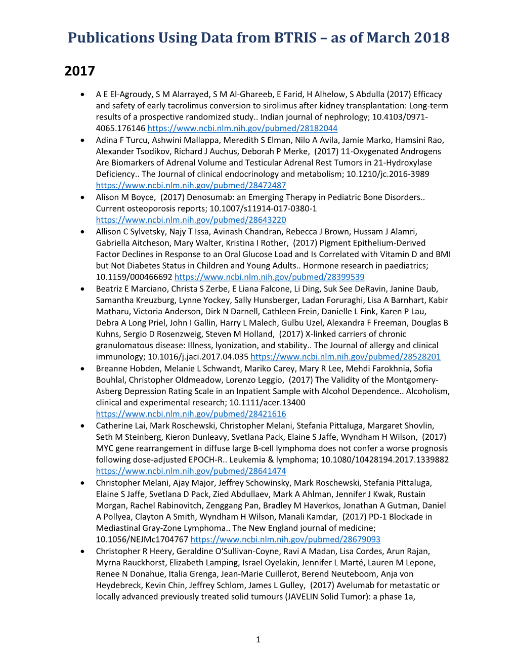 Publications Using Data from BTRIS – As of March 2018