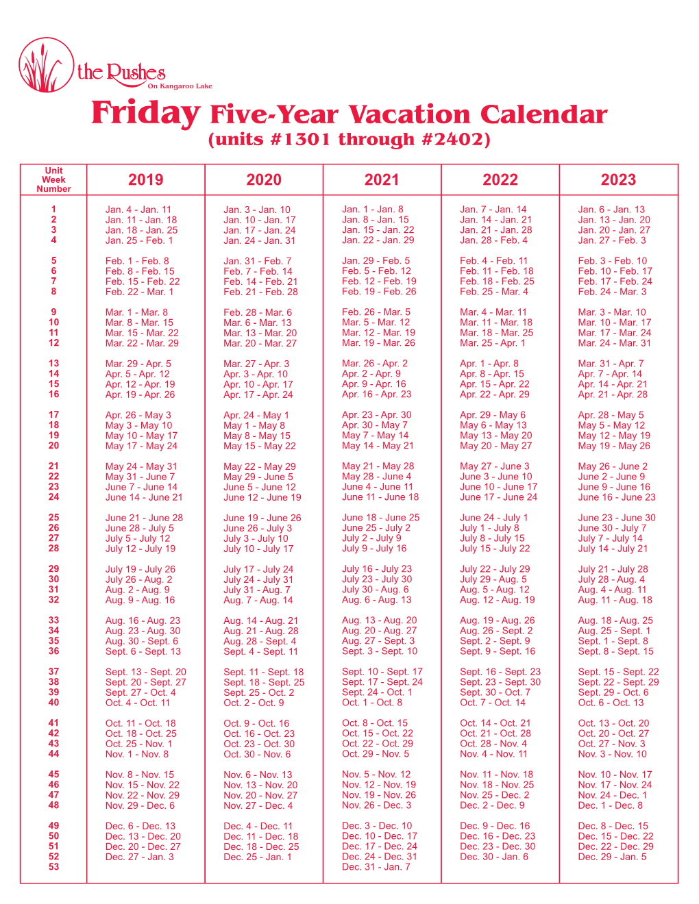 Friday Five-Year Vacation Calendar (Units #1301 Through #2402)